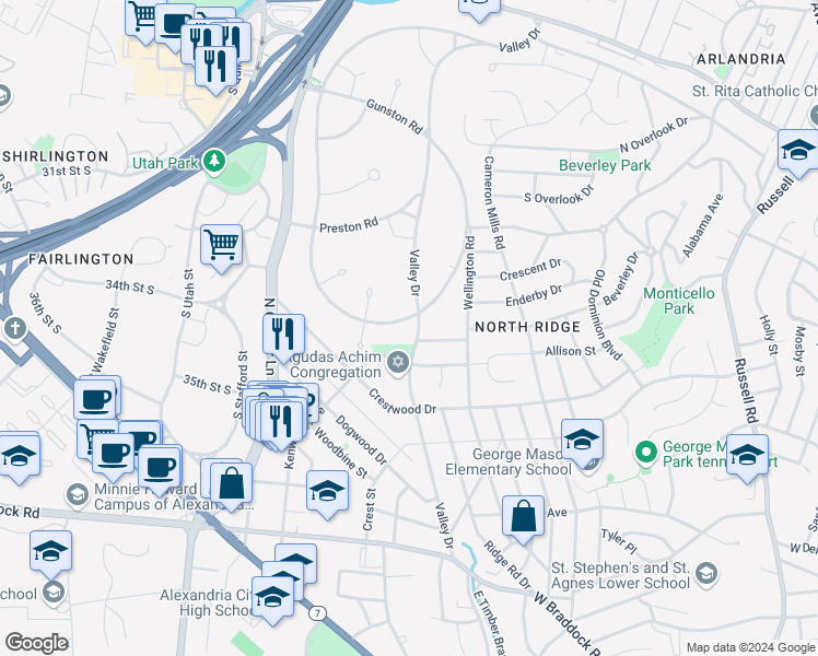 map of restaurants, bars, coffee shops, grocery stores, and more near 3102 Martha Custis Drive in Alexandria