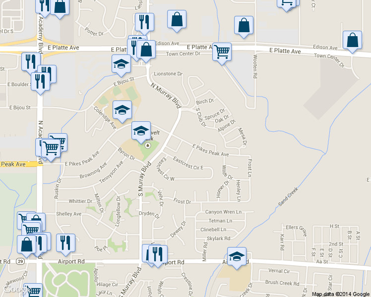 map of restaurants, bars, coffee shops, grocery stores, and more near 4467 East Pikes Peak Avenue in Colorado Springs