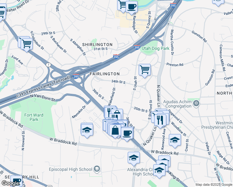 map of restaurants, bars, coffee shops, grocery stores, and more near 3465 South Wakefield Street in Arlington