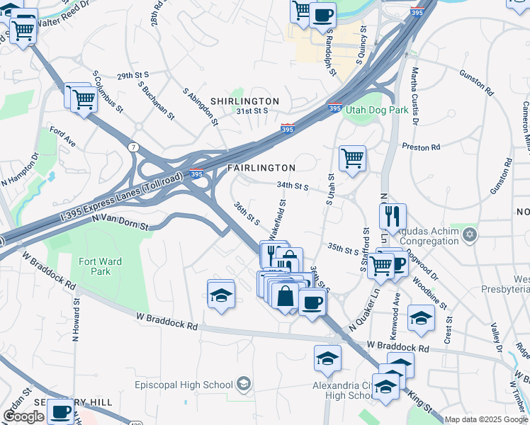 map of restaurants, bars, coffee shops, grocery stores, and more near 3522 South Wakefield Street in Arlington