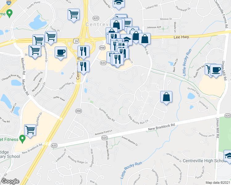 map of restaurants, bars, coffee shops, grocery stores, and more near 5990 Waterflow Ct in Centreville