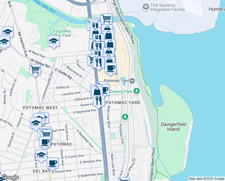 map of restaurants, bars, coffee shops, grocery stores, and more near 701 East Glebe Road in Alexandria