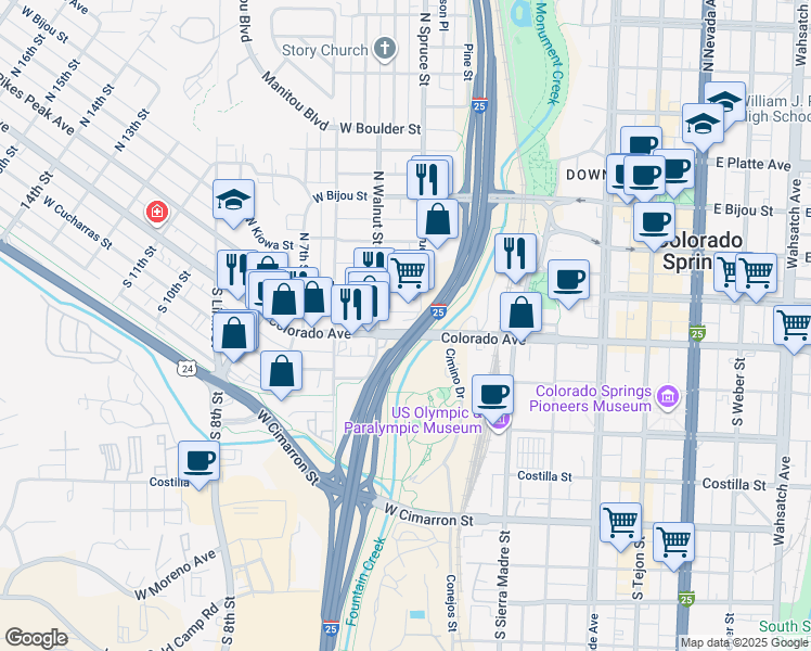 map of restaurants, bars, coffee shops, grocery stores, and more near 11 South Walnut Street in Colorado Springs