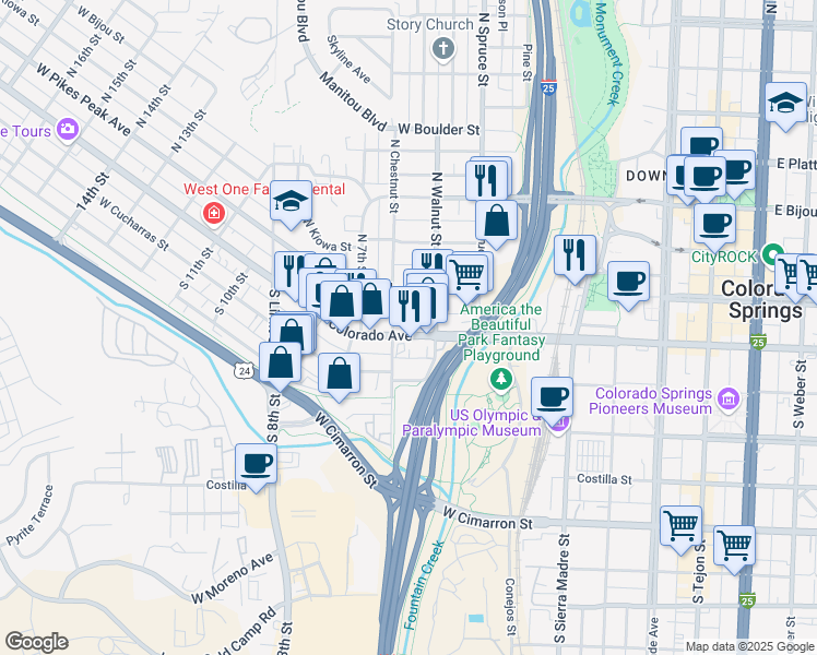 map of restaurants, bars, coffee shops, grocery stores, and more near 16 South Walnut Street in Colorado Springs