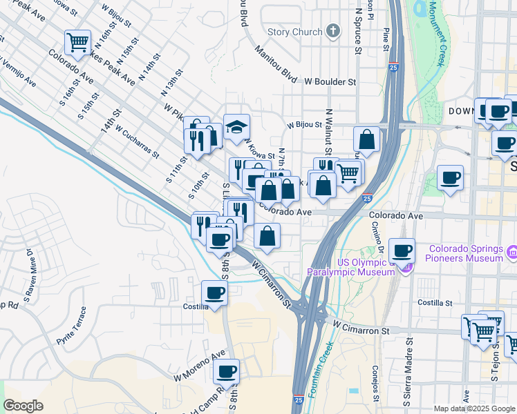 map of restaurants, bars, coffee shops, grocery stores, and more near 716 West Colorado Avenue in Colorado Springs