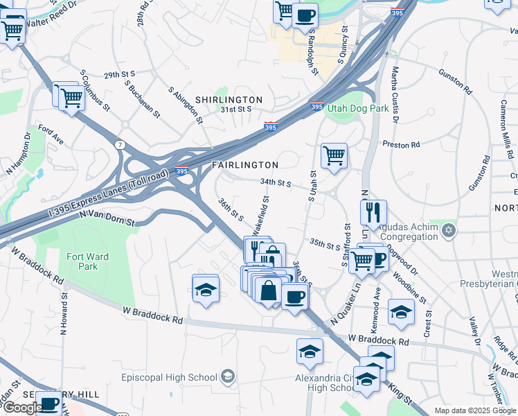 map of restaurants, bars, coffee shops, grocery stores, and more near 3504 South Wakefield Street in Arlington