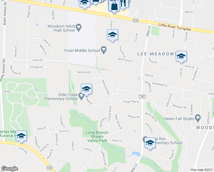 map of restaurants, bars, coffee shops, grocery stores, and more near 4209 Nutwood Way in Fairfax