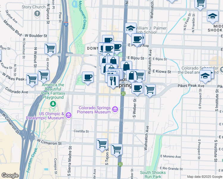 map of restaurants, bars, coffee shops, grocery stores, and more near in Colorado Springs