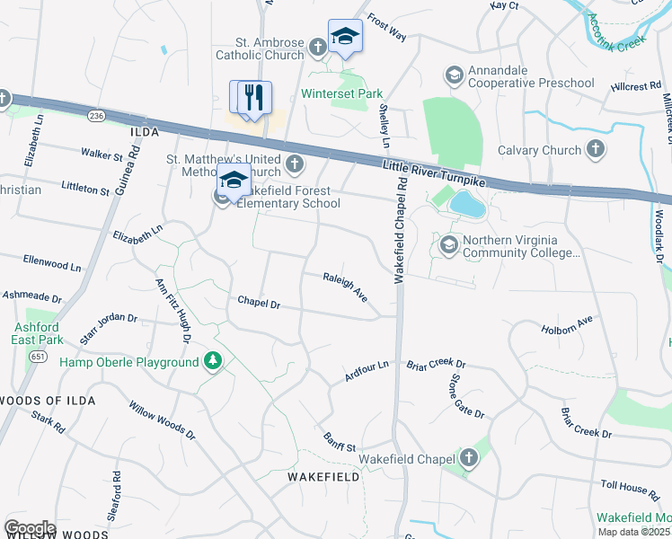 map of restaurants, bars, coffee shops, grocery stores, and more near 8600 Raleigh Avenue in Annandale