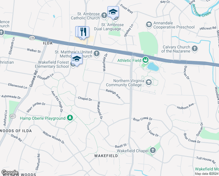 map of restaurants, bars, coffee shops, grocery stores, and more near 8600 Raleigh Avenue in Annandale
