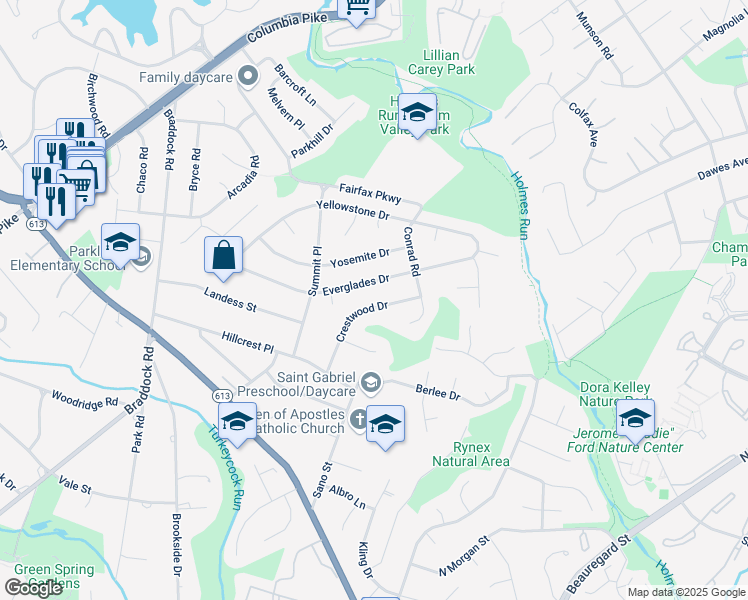 map of restaurants, bars, coffee shops, grocery stores, and more near 6212 Crestwood Drive in Alexandria