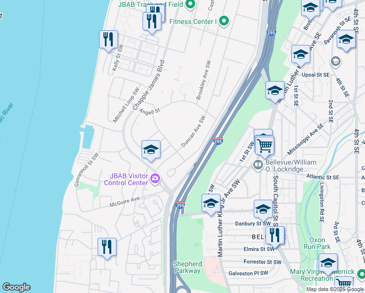 map of restaurants, bars, coffee shops, grocery stores, and more near 76-84 Duncan St SW in Washington