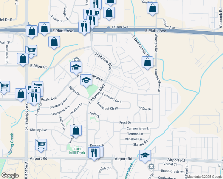 map of restaurants, bars, coffee shops, grocery stores, and more near 4467 East Pikes Peak Avenue in Colorado Springs