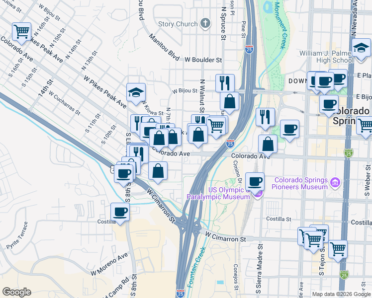 map of restaurants, bars, coffee shops, grocery stores, and more near 16 South Walnut Street in Colorado Springs
