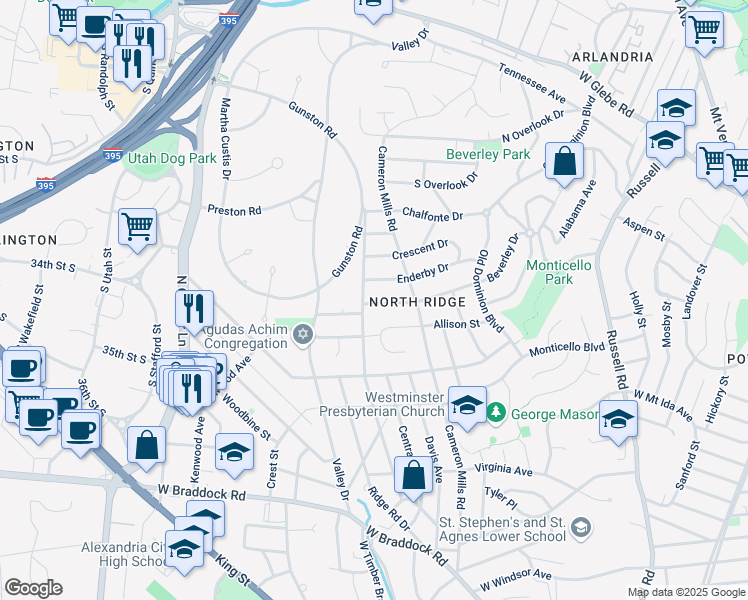 map of restaurants, bars, coffee shops, grocery stores, and more near 915 Beverley Drive in Alexandria