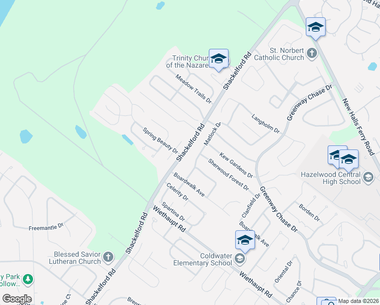 map of restaurants, bars, coffee shops, grocery stores, and more near 1800 Spring Beauty Drive in Florissant