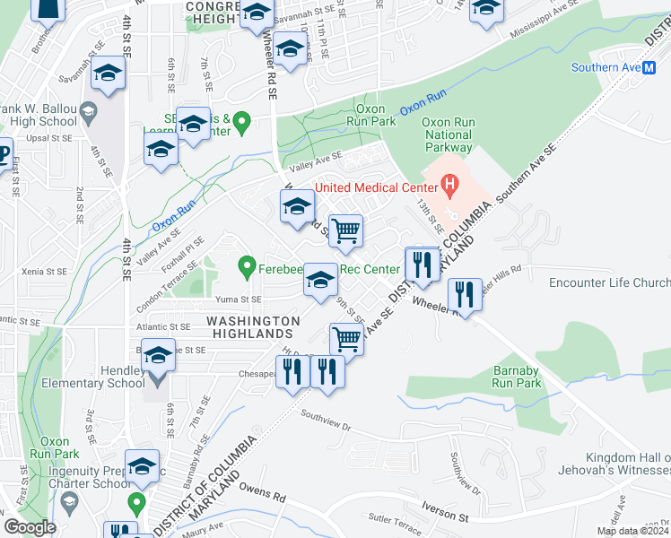 map of restaurants, bars, coffee shops, grocery stores, and more near 912 Barnaby Street Southeast in Washington
