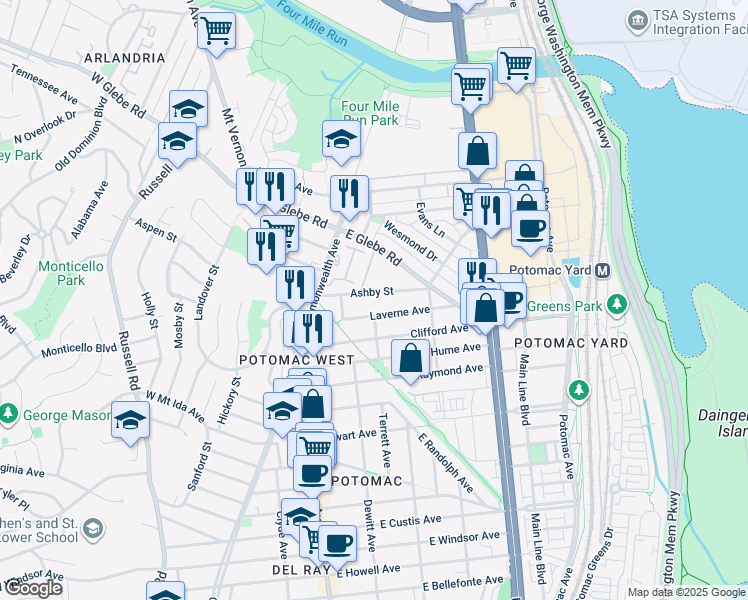 map of restaurants, bars, coffee shops, grocery stores, and more near 301 Ashby Street in Alexandria