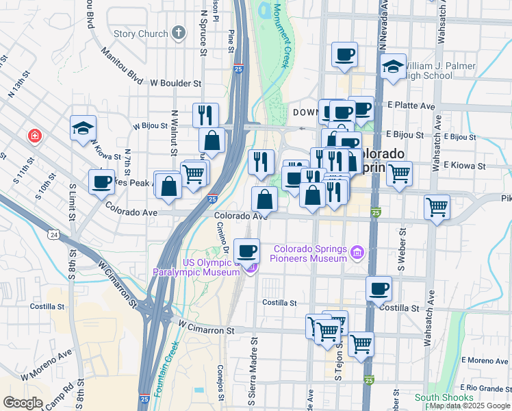 map of restaurants, bars, coffee shops, grocery stores, and more near 50 South Sierra Madre Street in Colorado Springs