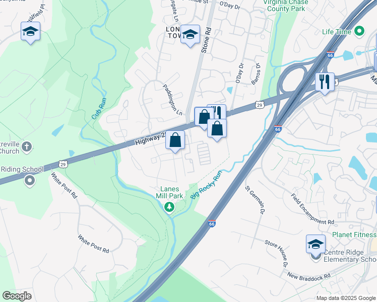 map of restaurants, bars, coffee shops, grocery stores, and more near 6342 Pendleton Place in Centreville