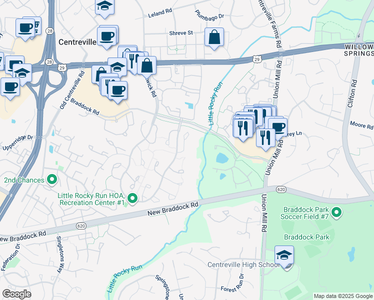 map of restaurants, bars, coffee shops, grocery stores, and more near 5843 Waterdale Court in Centreville