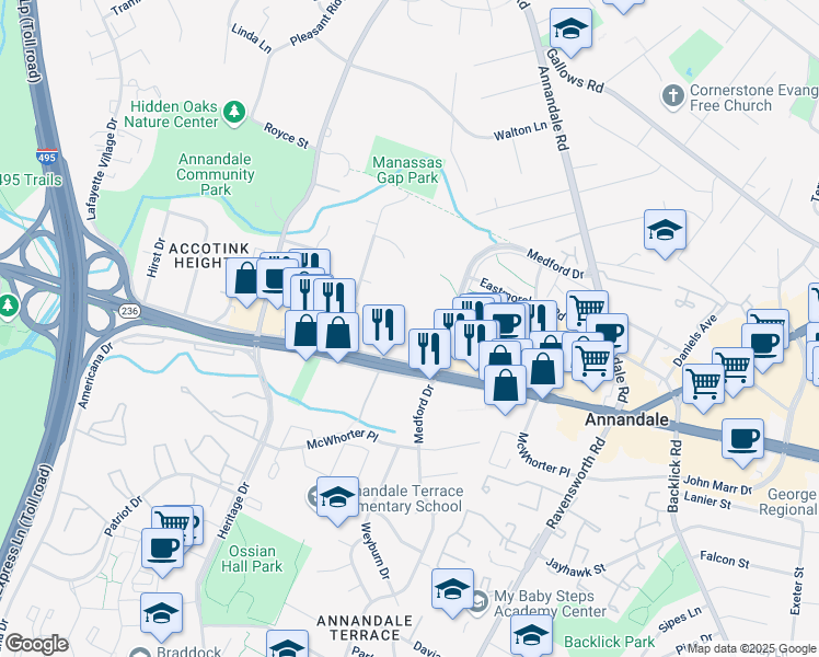 map of restaurants, bars, coffee shops, grocery stores, and more near 4212 Wadsworth Court in Annandale