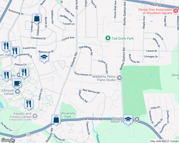 map of restaurants, bars, coffee shops, grocery stores, and more near 4342 Still Meadow Road in Fairfax