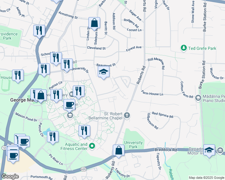 map of restaurants, bars, coffee shops, grocery stores, and more near 4350 Staffordshire Lane in Fairfax