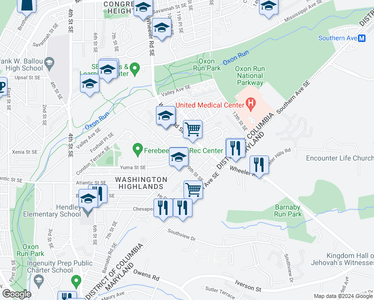 map of restaurants, bars, coffee shops, grocery stores, and more near 912 Barnaby Street Southeast in Washington