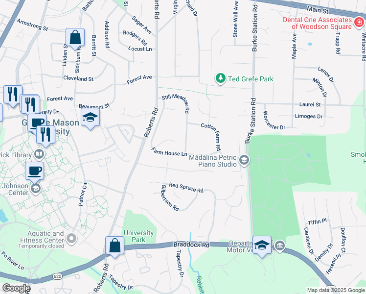 map of restaurants, bars, coffee shops, grocery stores, and more near 4342 Still Meadow Road in Fairfax