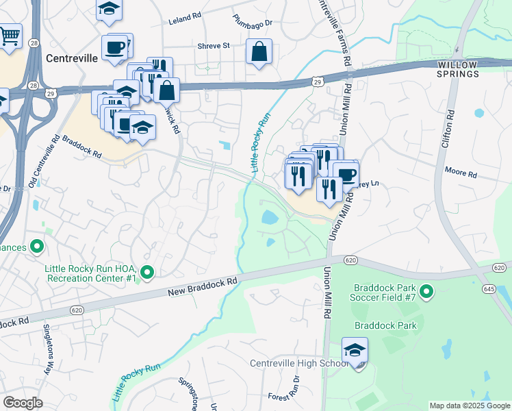 map of restaurants, bars, coffee shops, grocery stores, and more near 5801 Orchard Hill Court in Clifton