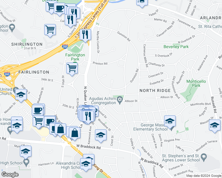 map of restaurants, bars, coffee shops, grocery stores, and more near 3230 Martha Custis Drive in Alexandria
