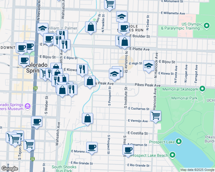 map of restaurants, bars, coffee shops, grocery stores, and more near 745 East Pikes Peak Avenue in Colorado Springs