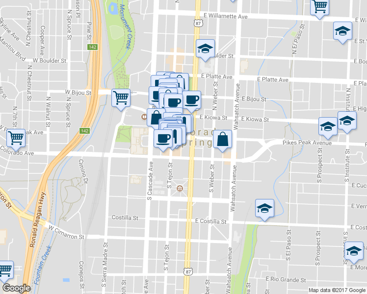 map of restaurants, bars, coffee shops, grocery stores, and more near in Colorado Springs