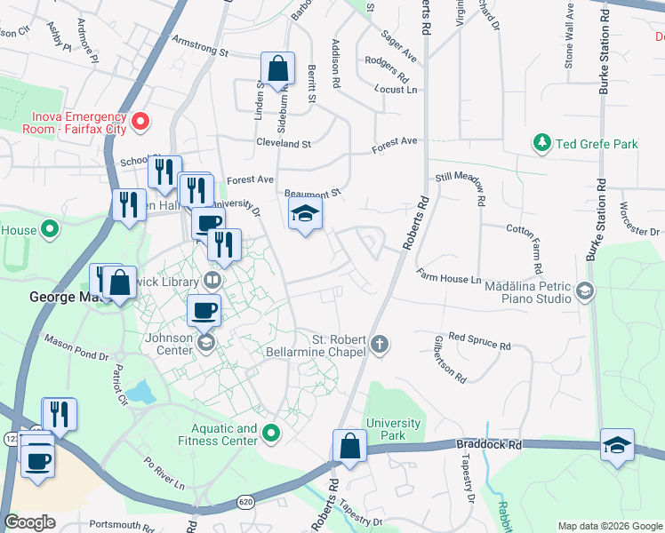 map of restaurants, bars, coffee shops, grocery stores, and more near 4350 Staffordshire Lane in Fairfax