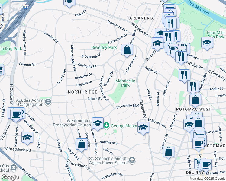 map of restaurants, bars, coffee shops, grocery stores, and more near 3113 Circle Hill Road in Alexandria