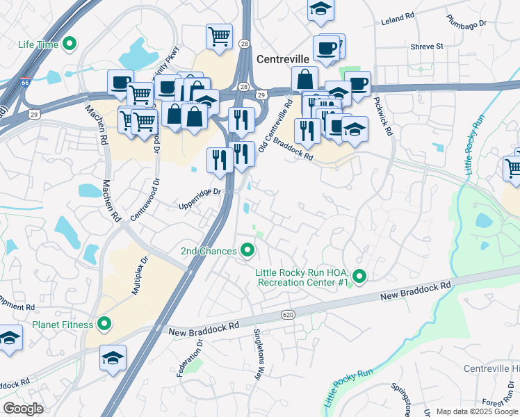 map of restaurants, bars, coffee shops, grocery stores, and more near 13990 Gill Brook Lane in Centreville