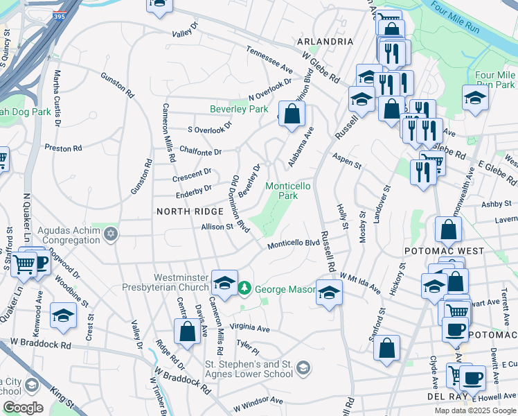 map of restaurants, bars, coffee shops, grocery stores, and more near 3113 Circle Hill Road in Alexandria