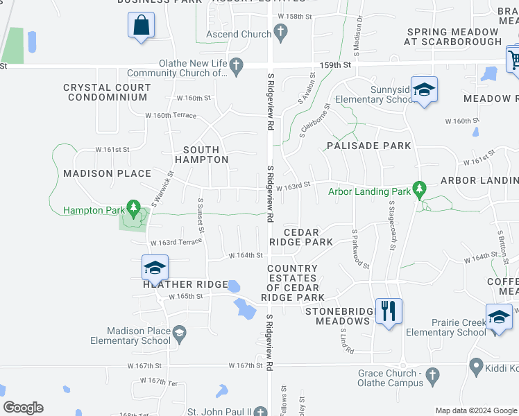 map of restaurants, bars, coffee shops, grocery stores, and more near 16335 South Hunter Street in Olathe