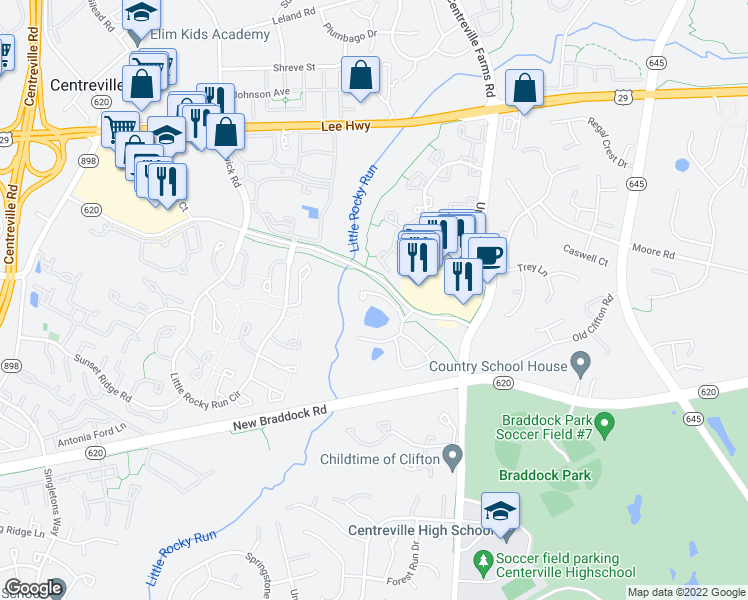 map of restaurants, bars, coffee shops, grocery stores, and more near 5822 Orchard Hill Court in Clifton