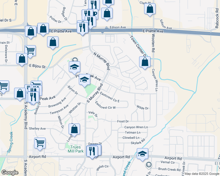 map of restaurants, bars, coffee shops, grocery stores, and more near 4467 East Pikes Peak Avenue in Colorado Springs