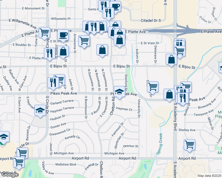 map of restaurants, bars, coffee shops, grocery stores, and more near 23 North Chelton Road in Colorado Springs