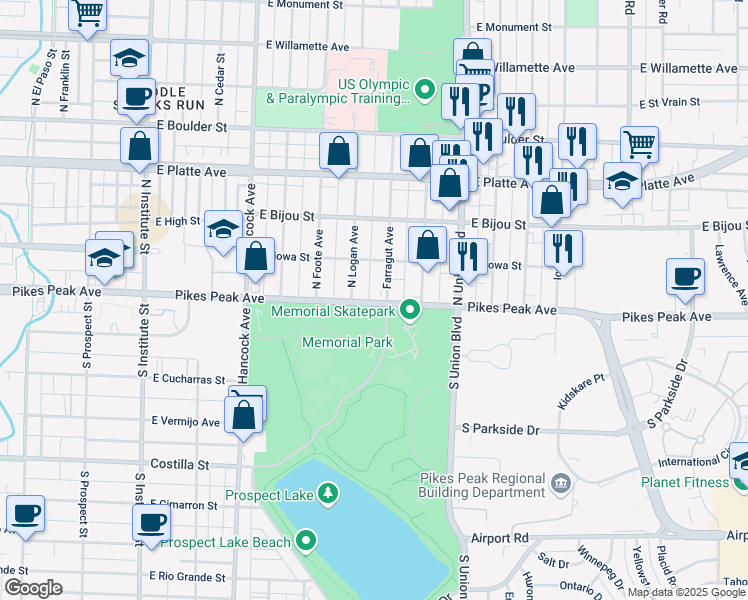 map of restaurants, bars, coffee shops, grocery stores, and more near 1502 East Pikes Peak Avenue in Colorado Springs