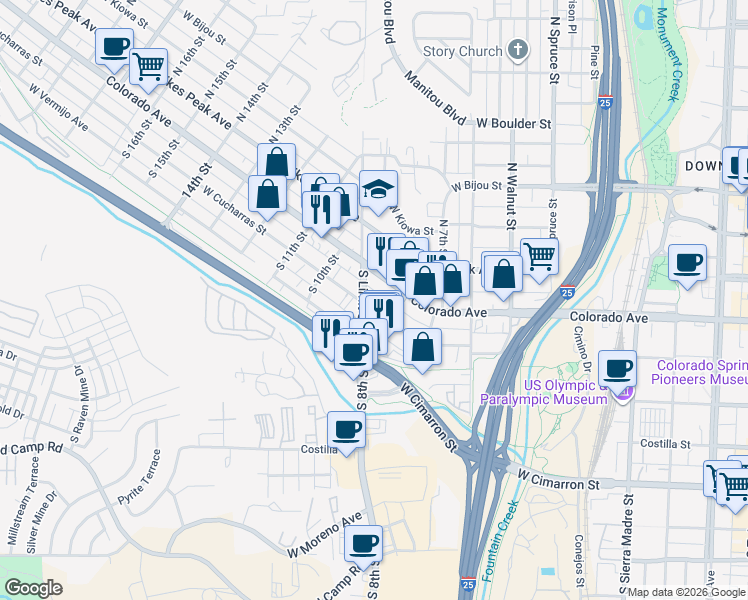 map of restaurants, bars, coffee shops, grocery stores, and more near 809 Colorado Avenue in Colorado Springs