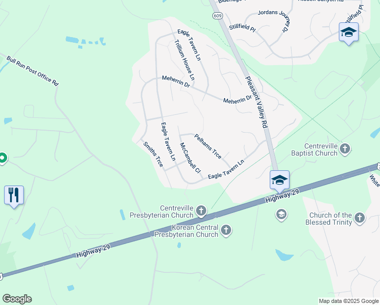 map of restaurants, bars, coffee shops, grocery stores, and more near 6617 McCambell Cluster in Centreville