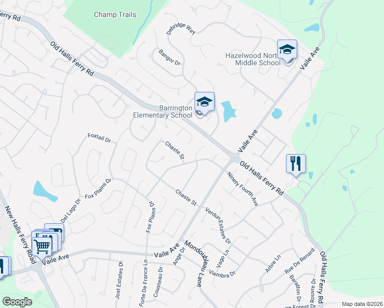 map of restaurants, bars, coffee shops, grocery stores, and more near 805 Sprinters Row Drive in Florissant
