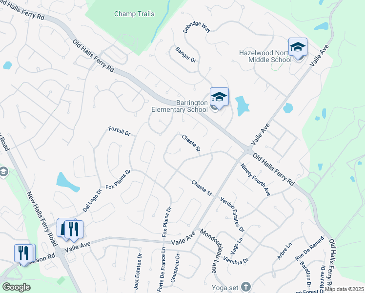 map of restaurants, bars, coffee shops, grocery stores, and more near 4233 Chaste Street in Florissant
