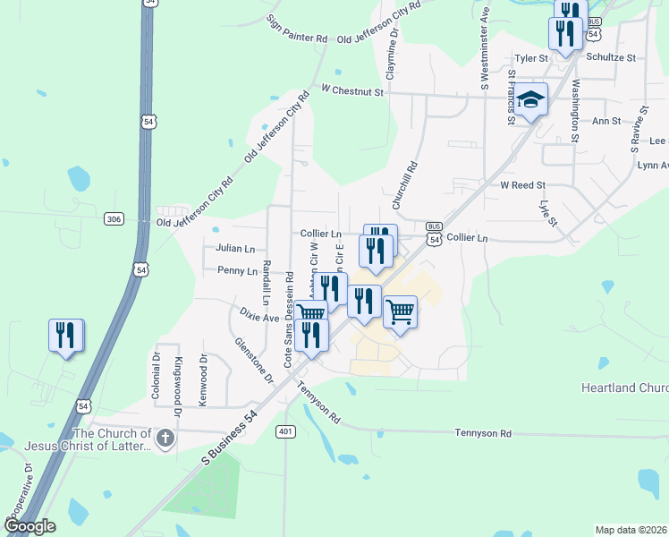 map of restaurants, bars, coffee shops, grocery stores, and more near 1101-1299 Ashton Cir E in Fulton
