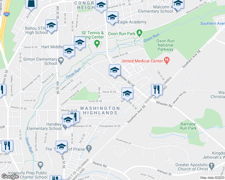 map of restaurants, bars, coffee shops, grocery stores, and more near 844 Xenia Street Southeast in Washington