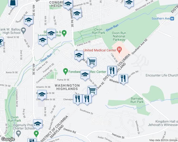 map of restaurants, bars, coffee shops, grocery stores, and more near 910 Barnaby Street Southeast in Washington